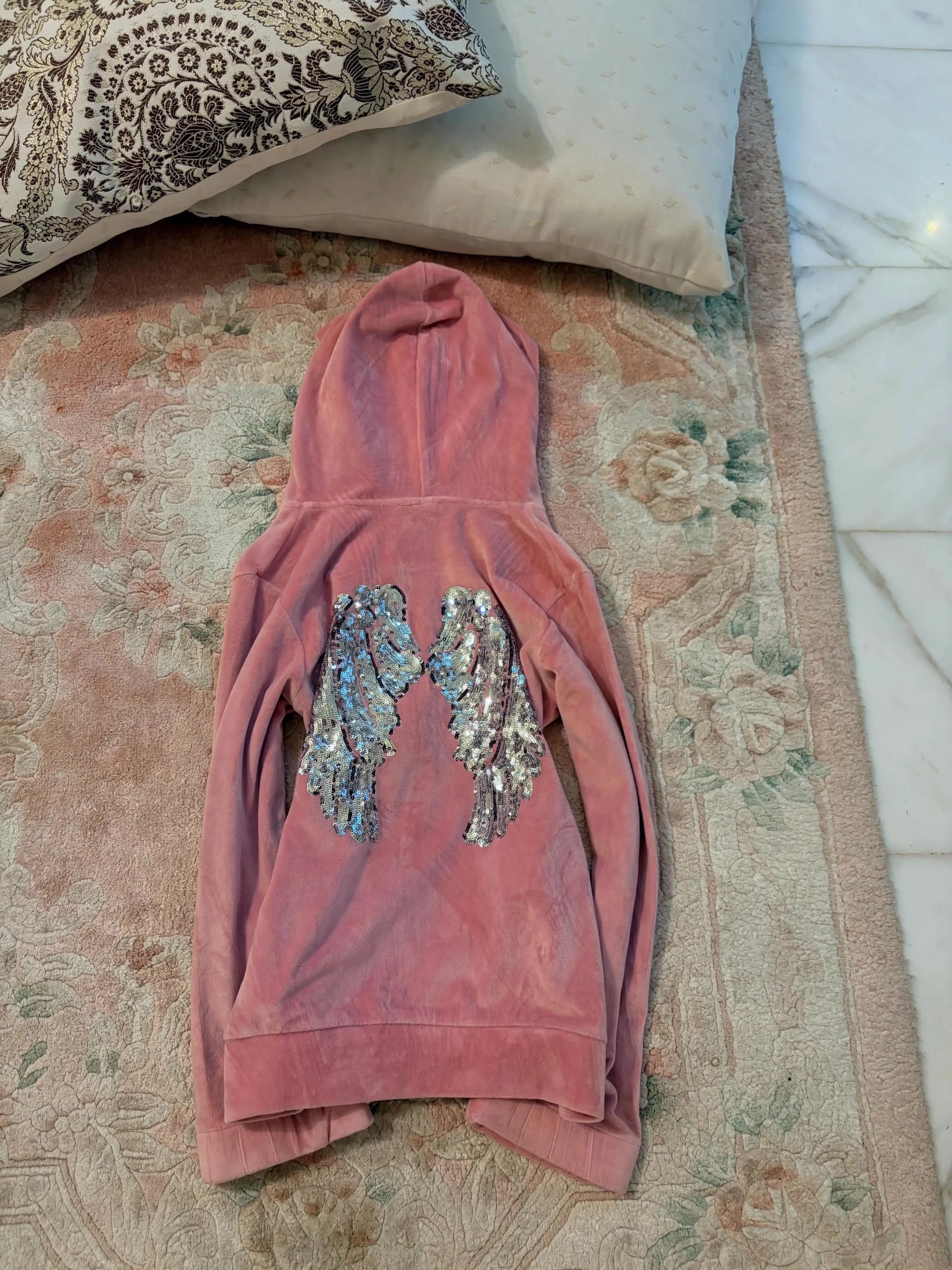 Y2K Harajuku Aesthetic Women Pink Velour Zip Hoodies Fashion Sequin Angel Wing Embroidery Long Sleeve Slim Casual Street Jackets