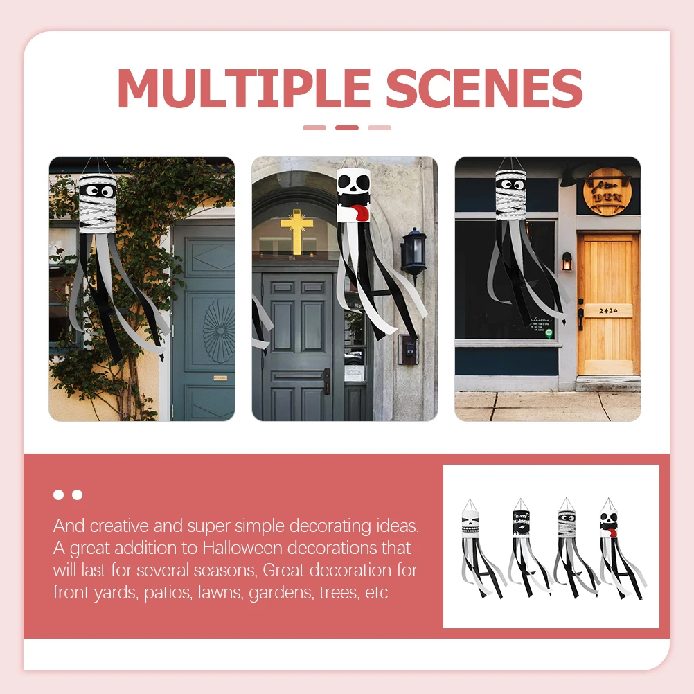 

4 Pcs Ghost Windsocks Halloween Decorations Outdoor Yard Polyester Flags Pumpkin Theme Festive Hanging Items Durable Photo Props