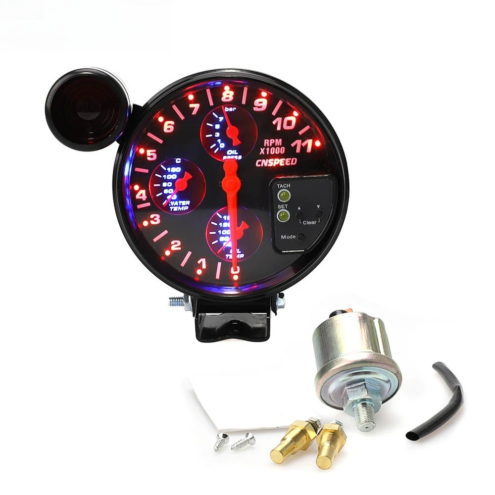 5 Inch 4 IN 1 Car Racing Tachometer RPM Meter Water Temp Oil Temp Oil Pressure 4 Functions In 1 With Shift Light and Sensor