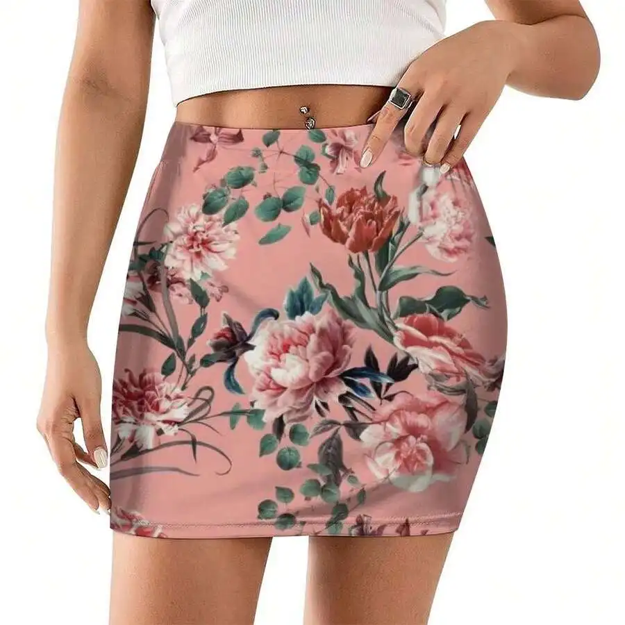 Women Summer Bodycon Mini Skirt Vintage Floral Print Peony Eucalyptus Lightweight Cotton Blend