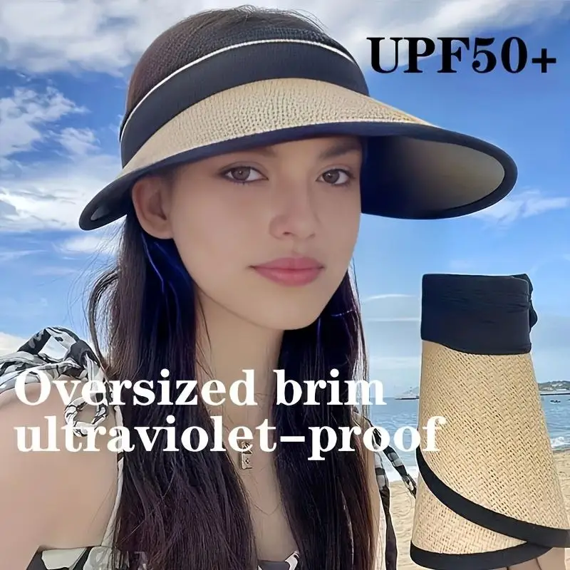 New Summer Straw Hat for Women Foldable Empty Top Sun Hats Outdoor Beach Anti-UV Protection Wide Brim Female Sunscreen Visor Cap