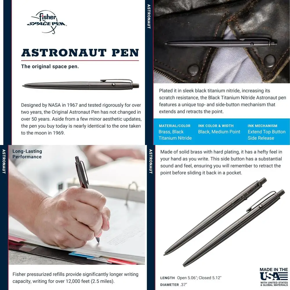 

Original Astronaut AG7 Ballpoint Pen with Black Titanium Nitride Finish, Black Ink, Pocket Clip, Gift Box, Made in USA