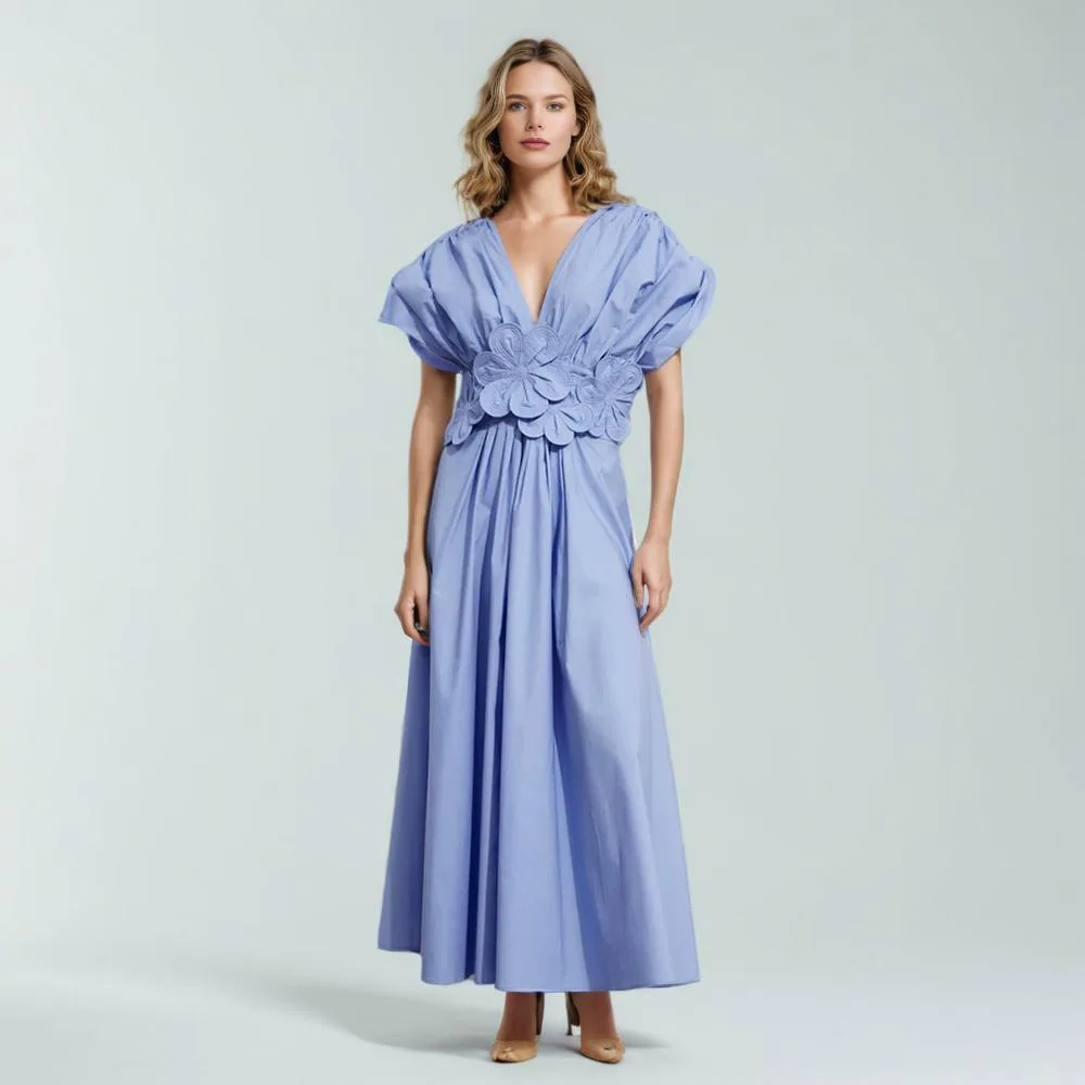 

Patchwork Appliques Elegant Solid Dress For Women V Neck Short Sleeve Backless High Waist Temperament Dresses Female Style