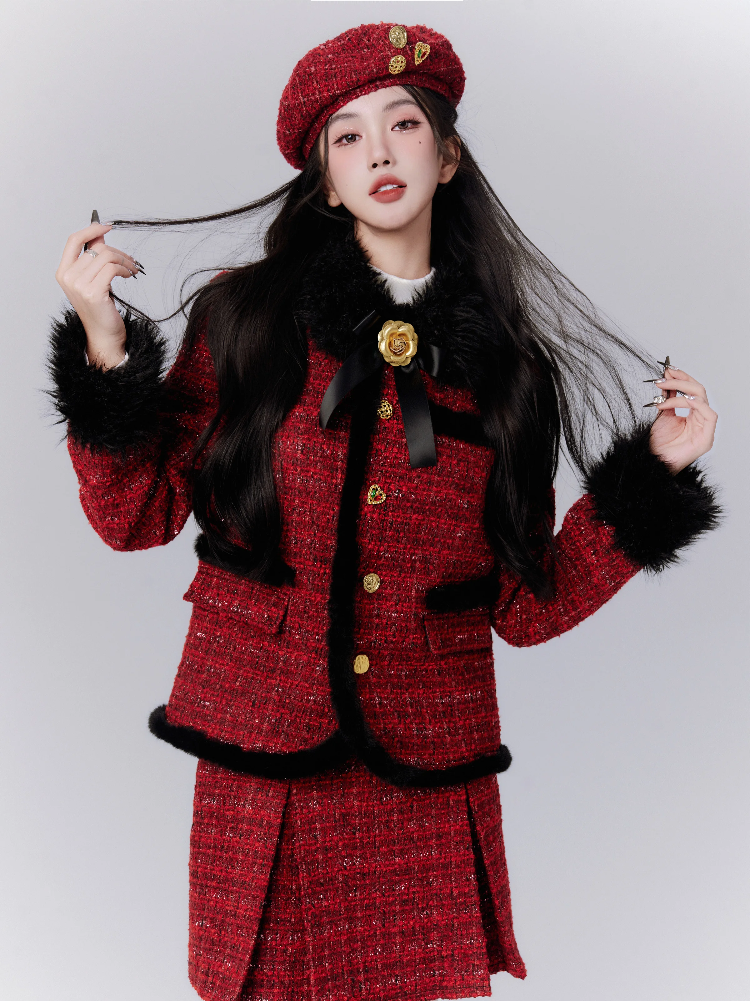 Fragile Heart Vintage Red  Style Outerwear And Half Skirt Set New Year Fashionable Two-Piece Women's Ensemble