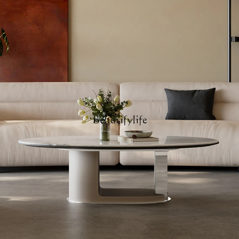 Modern Minimalist 2024 Microlite Coffee Table High-Grade Light Luxury Saddle Leather Oval Tea Table