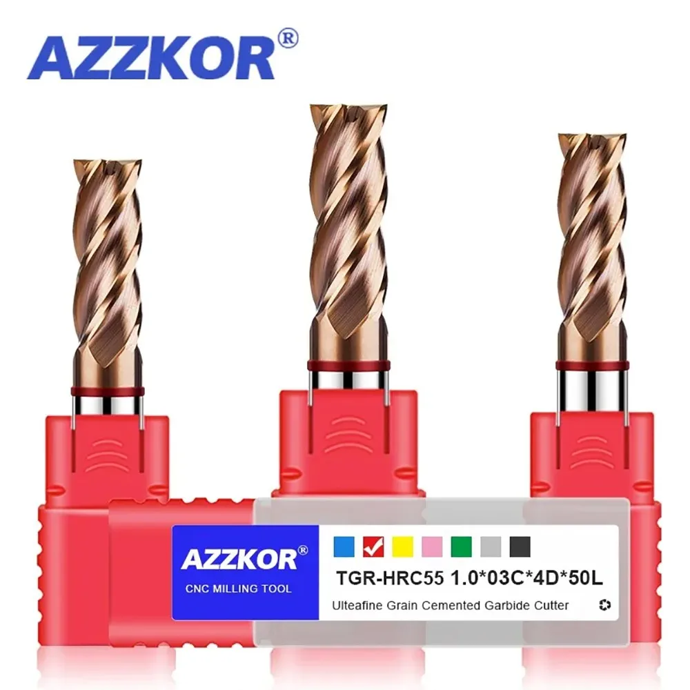 Azkor炭化タングステン鋼フライスカッター、4フルートインチ、フラットエンドミル、カラーサークル、CNC加工、工具、TGR-HRC55