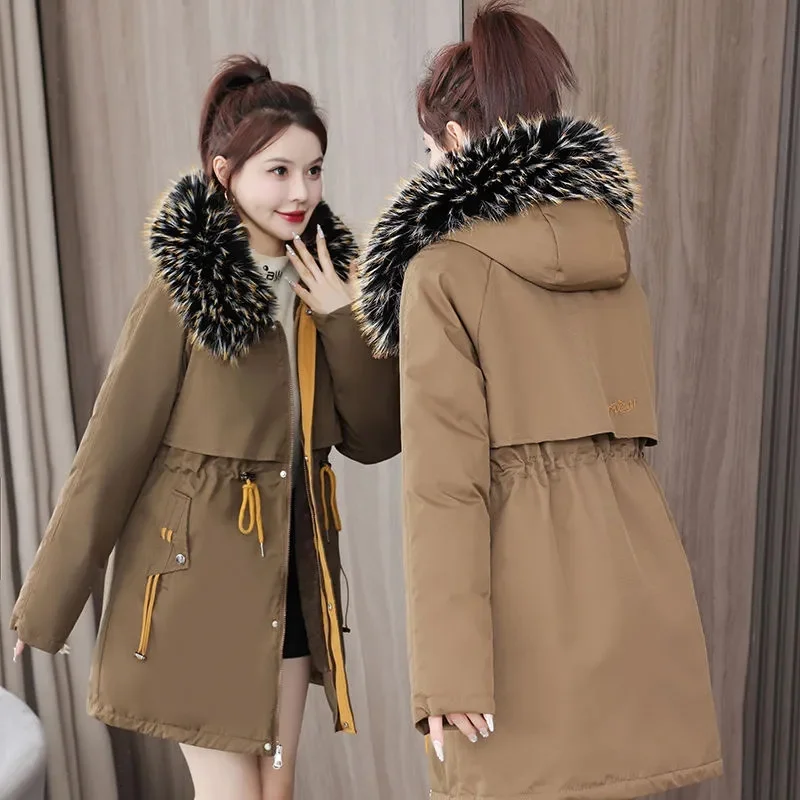 

Hooded Pai Overcome Long Winter 2025New Down Cotton Coat Women Parkas Fashion Warm Cotton Padded Jacket Waist Ladies Outwear Top
