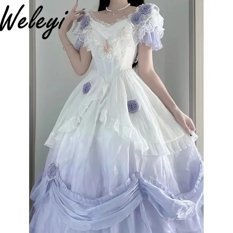 

Sweet Ropa Mujer Fairy Dresses Wedding Fashion Lolita Gradient Purple Color Fairy Long Sukienka Cute Princess Pettiskirt Kleider