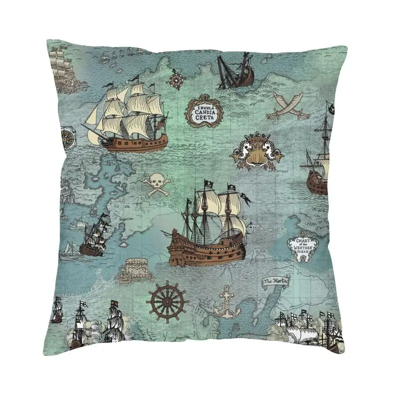 Pirate Map Nautical Sea Print Square Pillowcover Home Decor Skull Sailor Cushions Throw Pillow Living Room Double-sided Printing