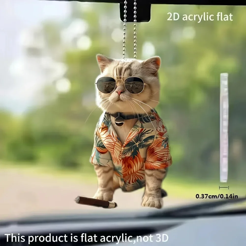Cool Shirt Dressed Cat Pendant Keychain Cartoon Kitten 2D Acrylic Hanging Ornament,Decor for Car Mirror,Backpack,Home,Party,Gift