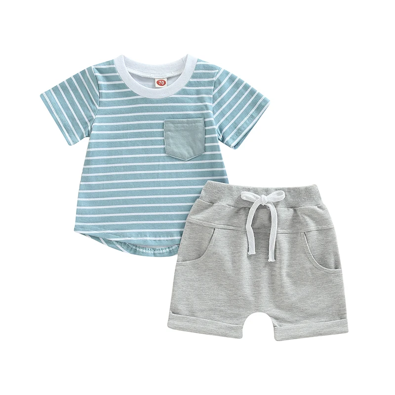 

Toddler Baby Boy Summer Round Neck Short Sleeve T-Shirt Striped Print Pullover Top Elastic Pocket Short Outfit Clothes Set