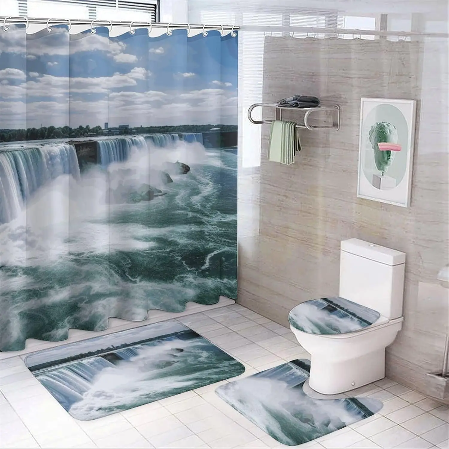 

Niagara Falls Shower Curtains Set 4 Piece with Non-Slip Rugs, Toilet Lid Cover and Bath Mat Soft Bathroom Carpet Waterproof Bath