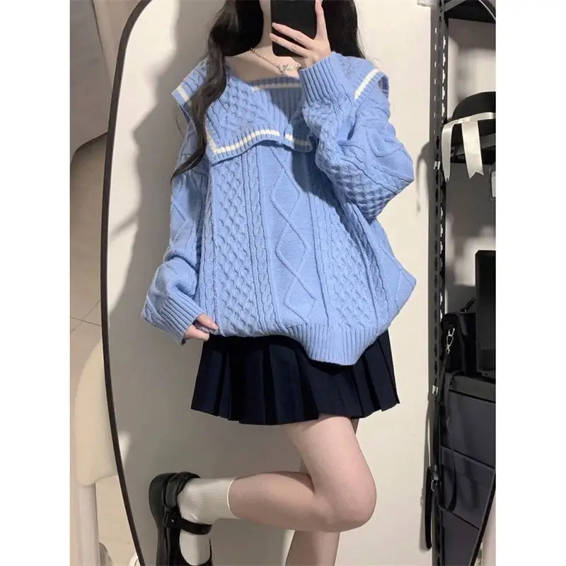 Deeptown Vintage Sailor Collar Women Sweater Preppy Basic Korean Fashion Autumn Knit Pullover Loose Jumper Japanese Aesthetic Jk