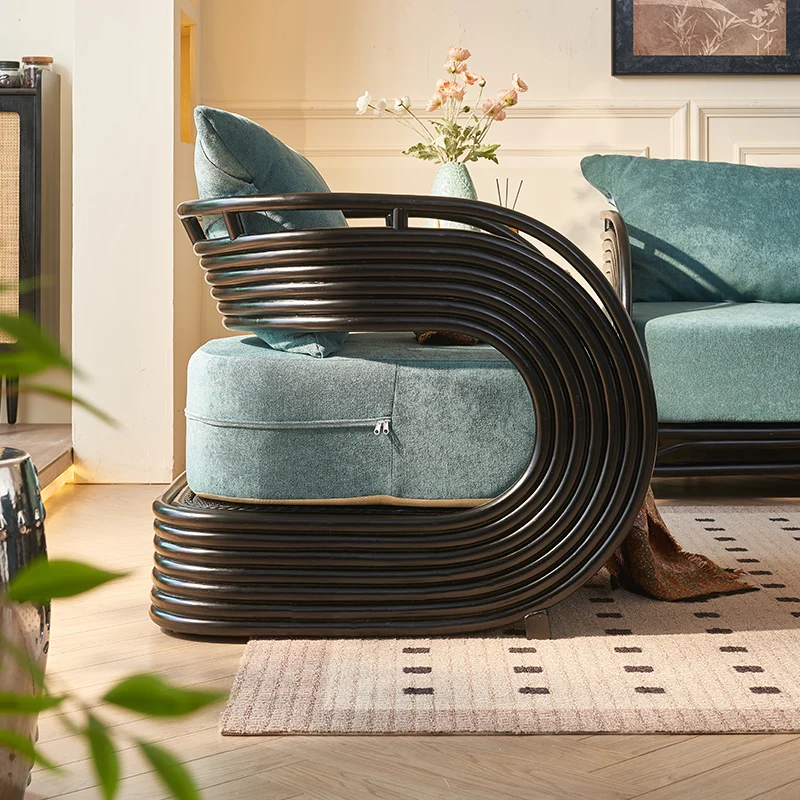 Französischer Retro-Sofastuhl, moderner, einfacher Rattan-Freizeitstuhl, Balkon, B & B-Hotel, voller Rattan-Stuhl mit einzelner Rückenlehne