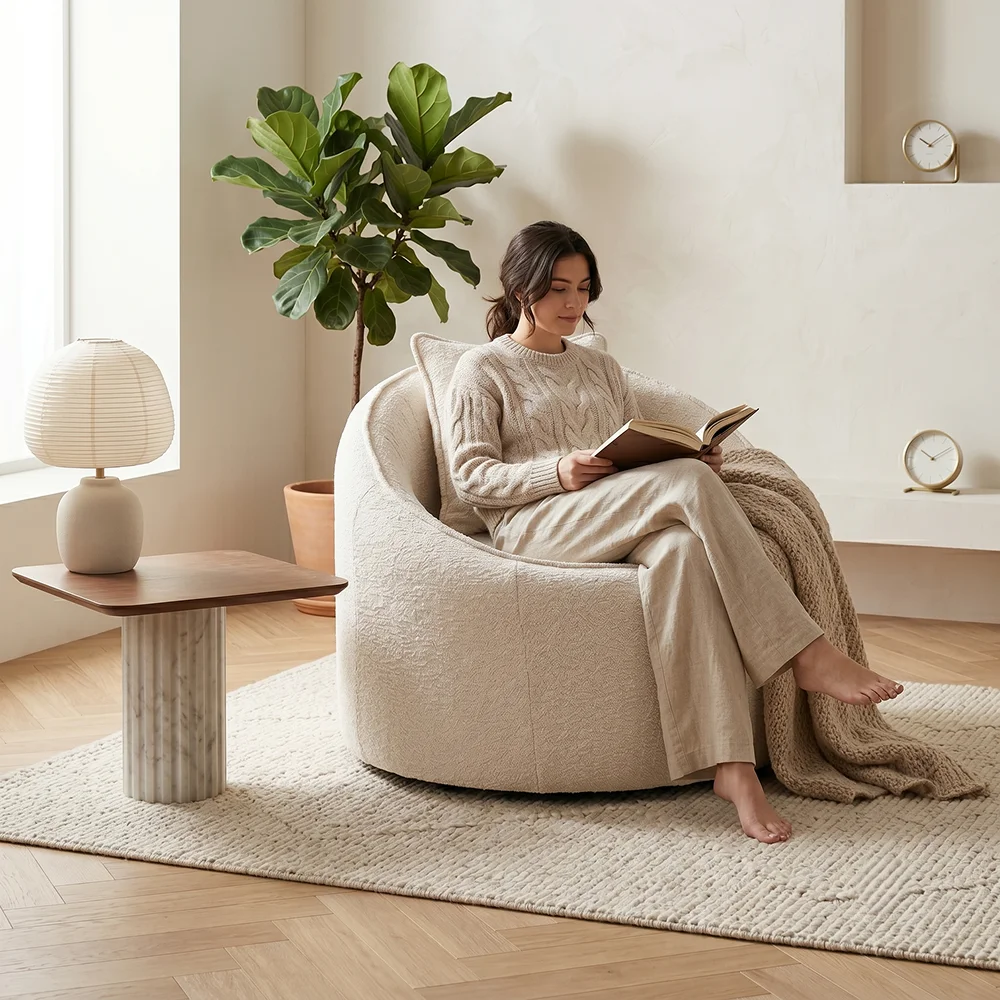Boucle fabric sponge-filled storage sofa chair with removable seat cushion and free bonus lumbar pillow, ideal for bedrooms