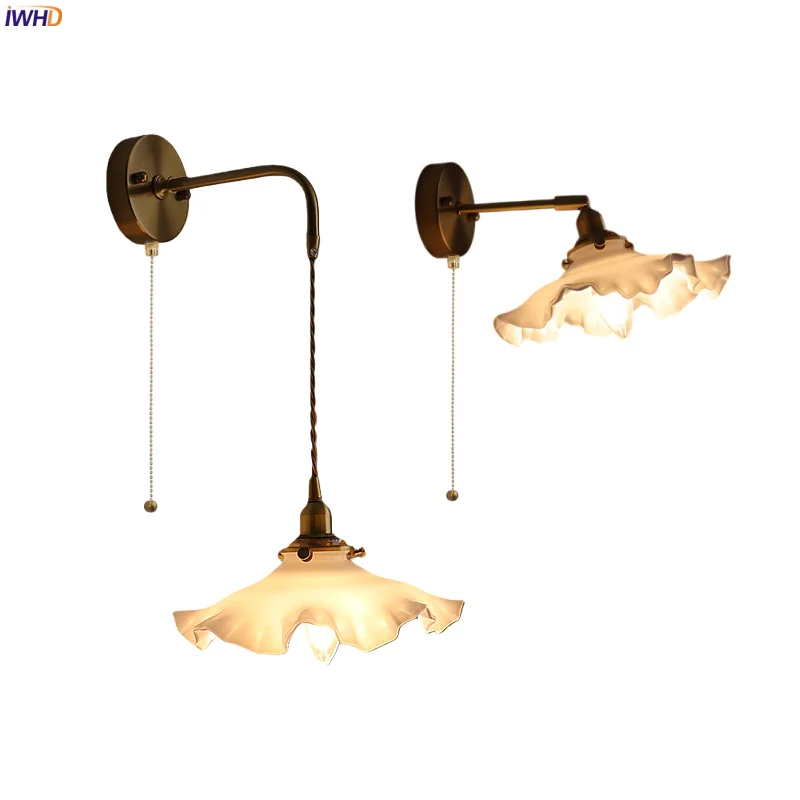 

IWHD French Vintage LED Wall Light Fixture Living Room Kitchen 70CM Adjustable Wire Copper Glass Bedroom Lamps Aplique Pared