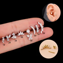 1Pc Moon Crown Cartilage Stud Earrings For Women Surgical Steel CZ Crystal Helix Tragus Conch Rook Ear Piercing Jewelry
