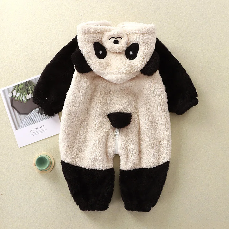 Autumn Winter Infant Baby Boys Girls Cartoon Animal Panda Romper Newborn Long Sleeve Warm Hooded Home Wear Jumpsuit 3-24 Months