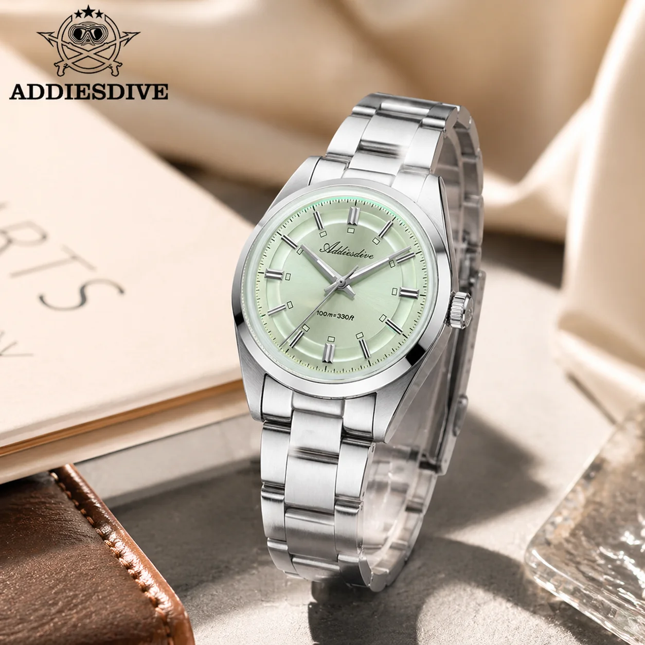 

ADDIESDIVE Elegant Men's Quartz Wristwatch Japan VH31 Bubble Glass Luminous Watch 36mm Stainless Steel 100m Waterproof Watches