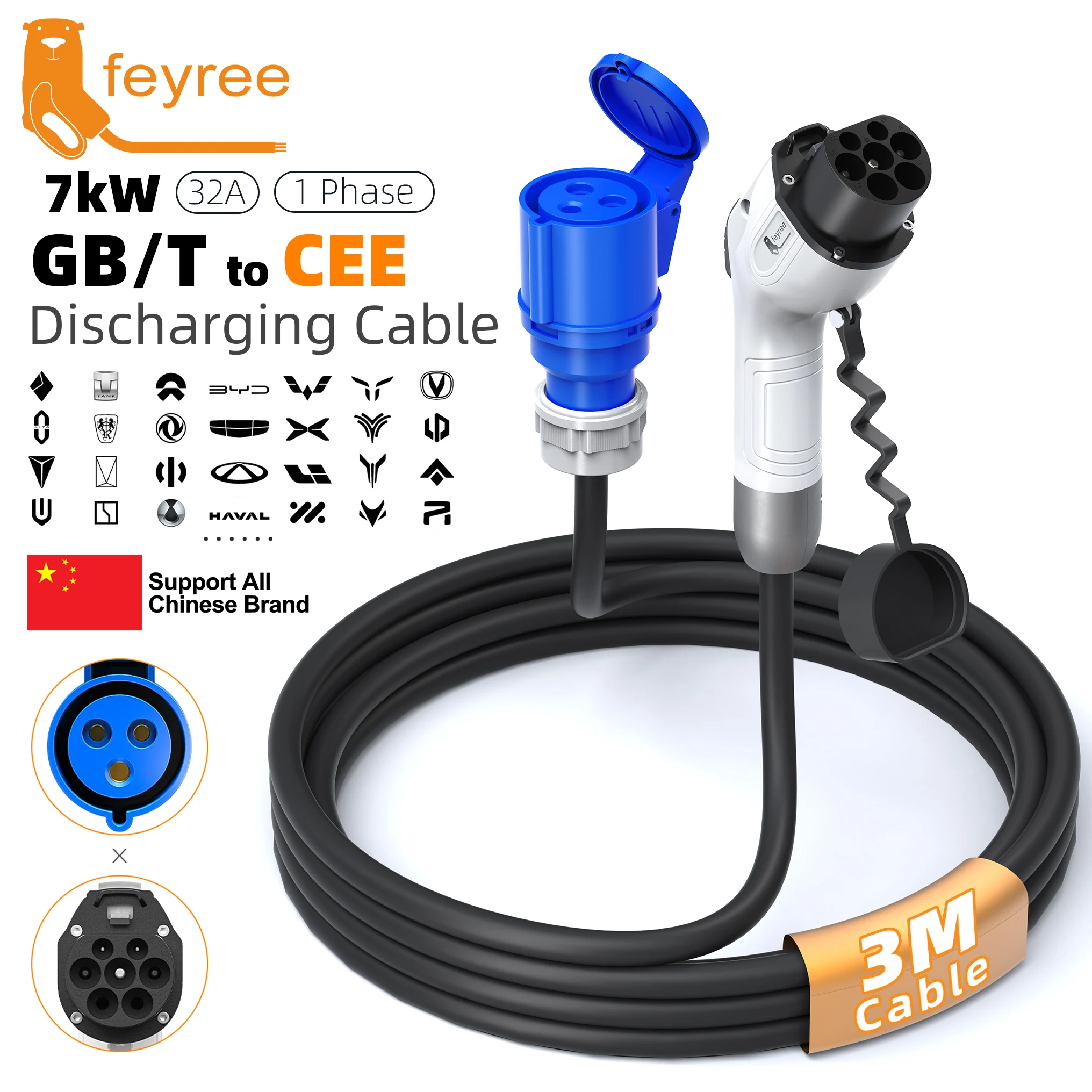Feyree EV ChargerPower Station Electric Car GBT Cord 32A V2L Cable Discharge Plug Charging Cable 1M /3M with CEE Socket Outdoor