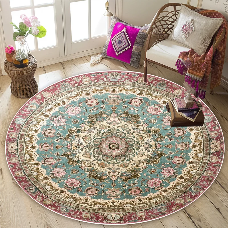 Persian Retro Style Round Carpet Living Room Bohemian Bedroom Decoration Washable Non-slip Rug Office Lounge Sofa Area Floor Mat