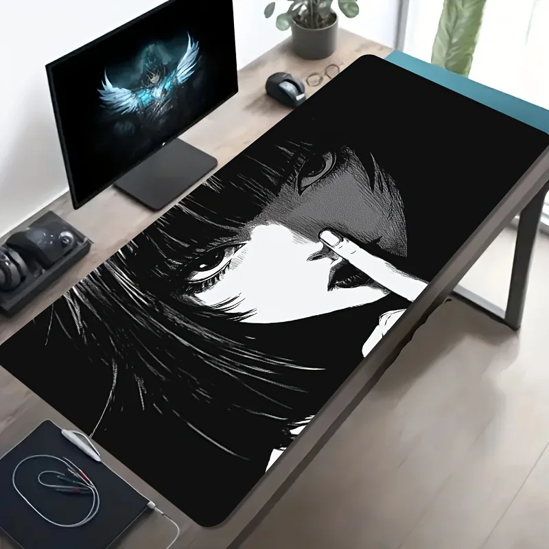 Large Mysterious Black White Girl Mouse Pad, Non-Slip Washable Rubber Desk Mat, Gaming & Office Accessory for Laptop PC