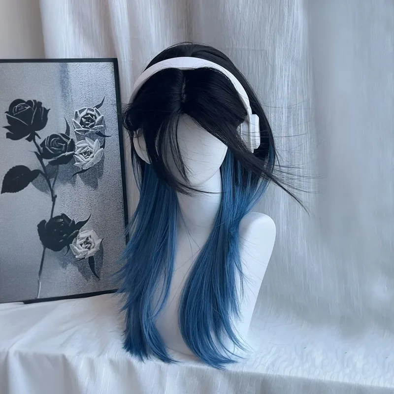 شعر مستعار برأس البوري باللونين الأسود والأزرق، شعر صناعي مفرود منفوش وذيل الذئب الطبيعي للاستخدام اليومي، ملحقات لوليتا التنكرية للحفلات