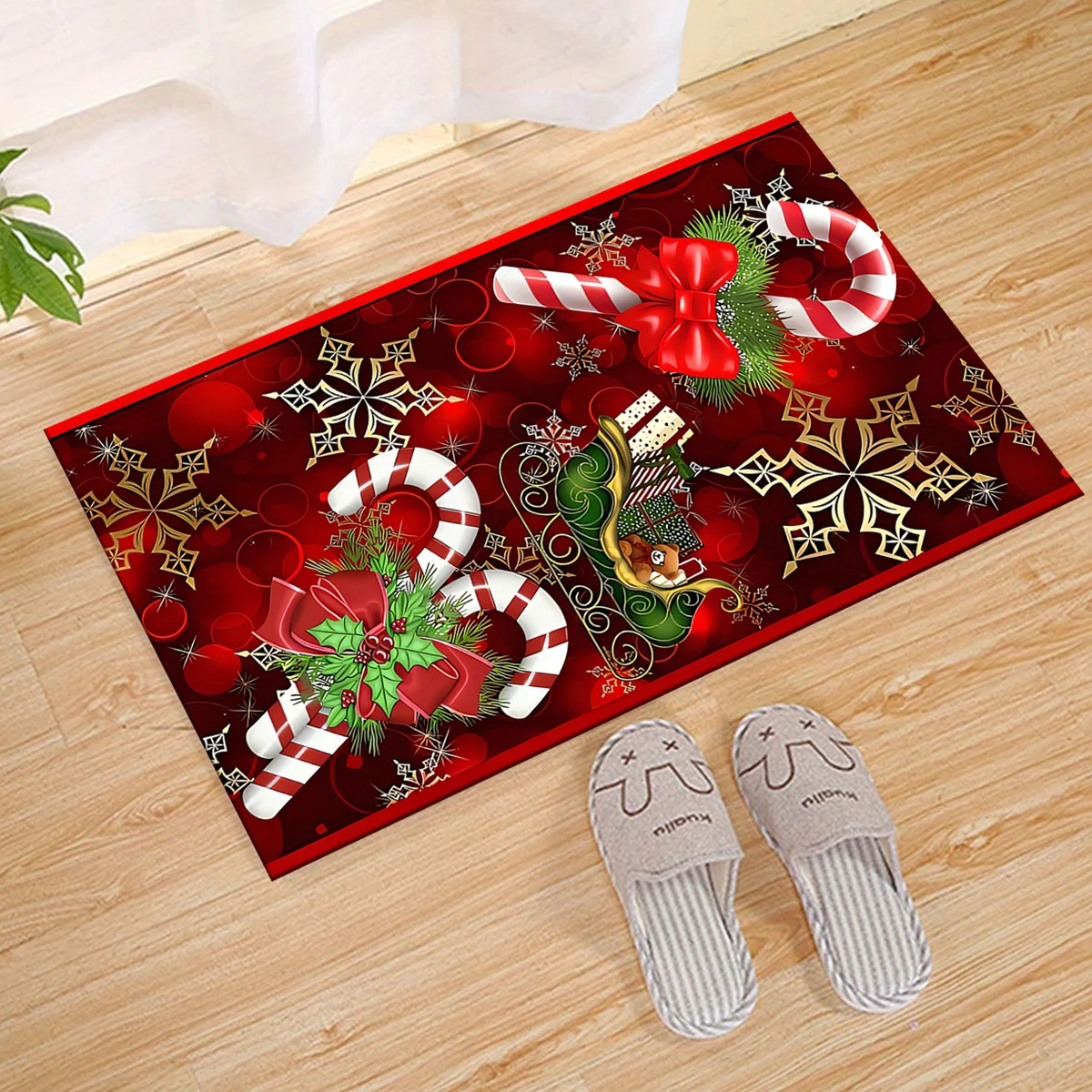 VIKAMA Xmas Candy Cane Large Rug,Anti‑Slip Indoor Mat,Golden Snowflake Gift Sleigh Carpet for Bedroom Festival Home Decoration