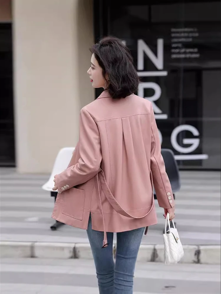 Chaqueta de cuero adelgazante con cuello vuelto para mujer, abrigo de cuero con una botonadura para ir al trabajo, primavera y otoño