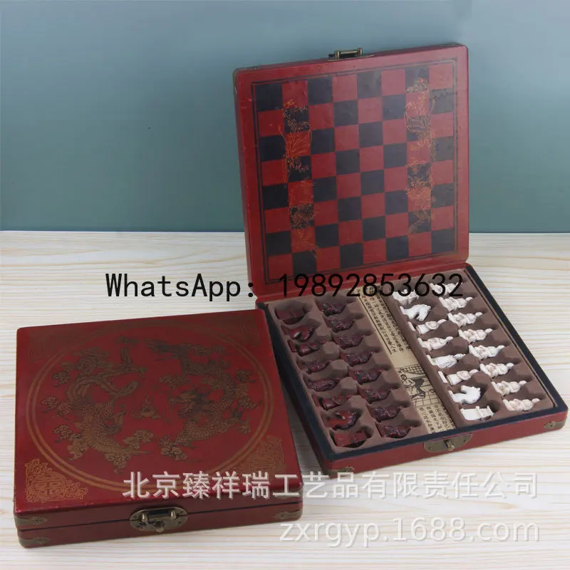 

QZ chess trumpet folding Terracotta Warriors and Horses chess pieces wooden chessboard Christmas gift