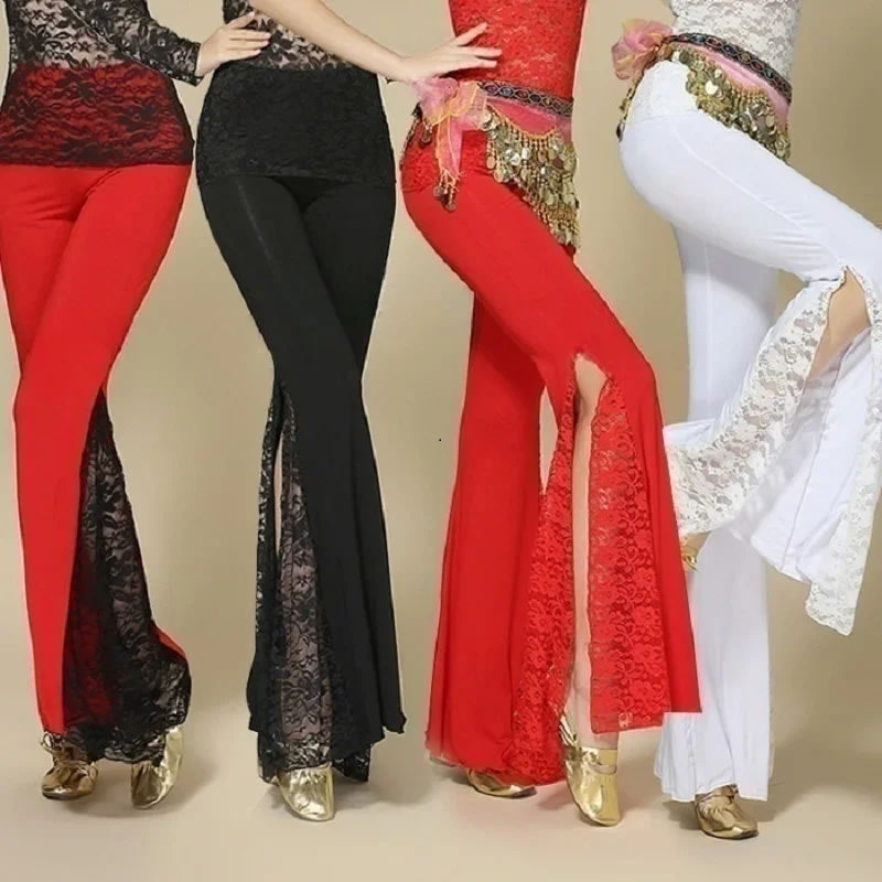 Pantalones de danza del vientre con abertura y costuras de encaje, pantalones ajustados para actuación de danza, disfraz indio