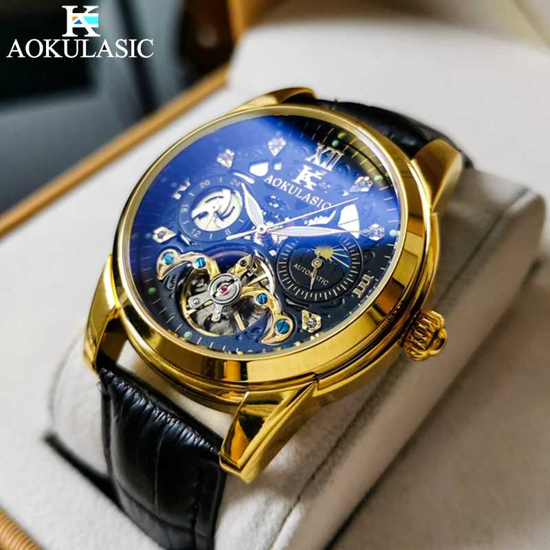 AOKULASIC Luxury Men Automatic Mechanical Watch Fashion Leather Waterproof Moon Phase Tourbillon Luminous Casual Men Wristwatch