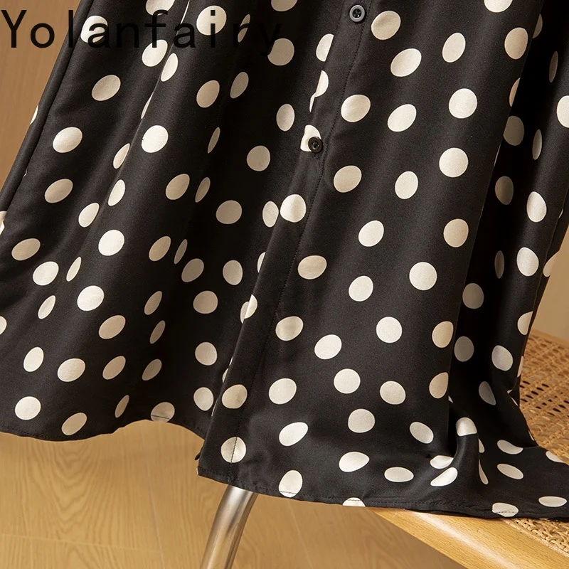 YOLANFAIRY 100% Real Mulberry Silk Long Dresses 2025 Woman Classic Polka Dot Dress Silk Satin Elegant Ladies Dresses Half Sleeve