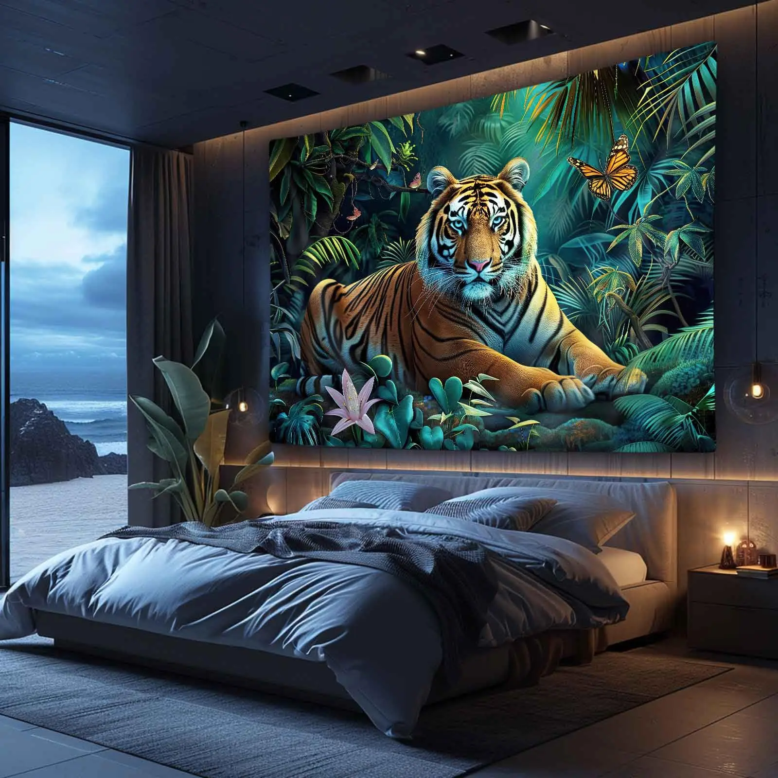 VIKAMA Tropischer Dschungel-Tiger-Wandteppich, herrschsüchtiger König der Tiere, Schlafzimmer, Wohnzimmer, Hintergrund, Wanddekoration