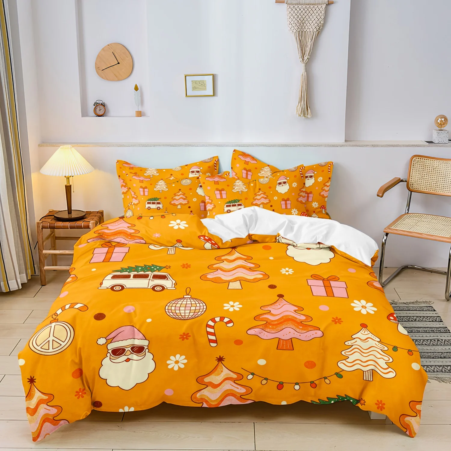 3Pcs Retro Groovy Christmas Duvet Cover Set, Orange Santa Sunglasses Wavy Xmas Tree Disco Ball Van Gift Print Bedding