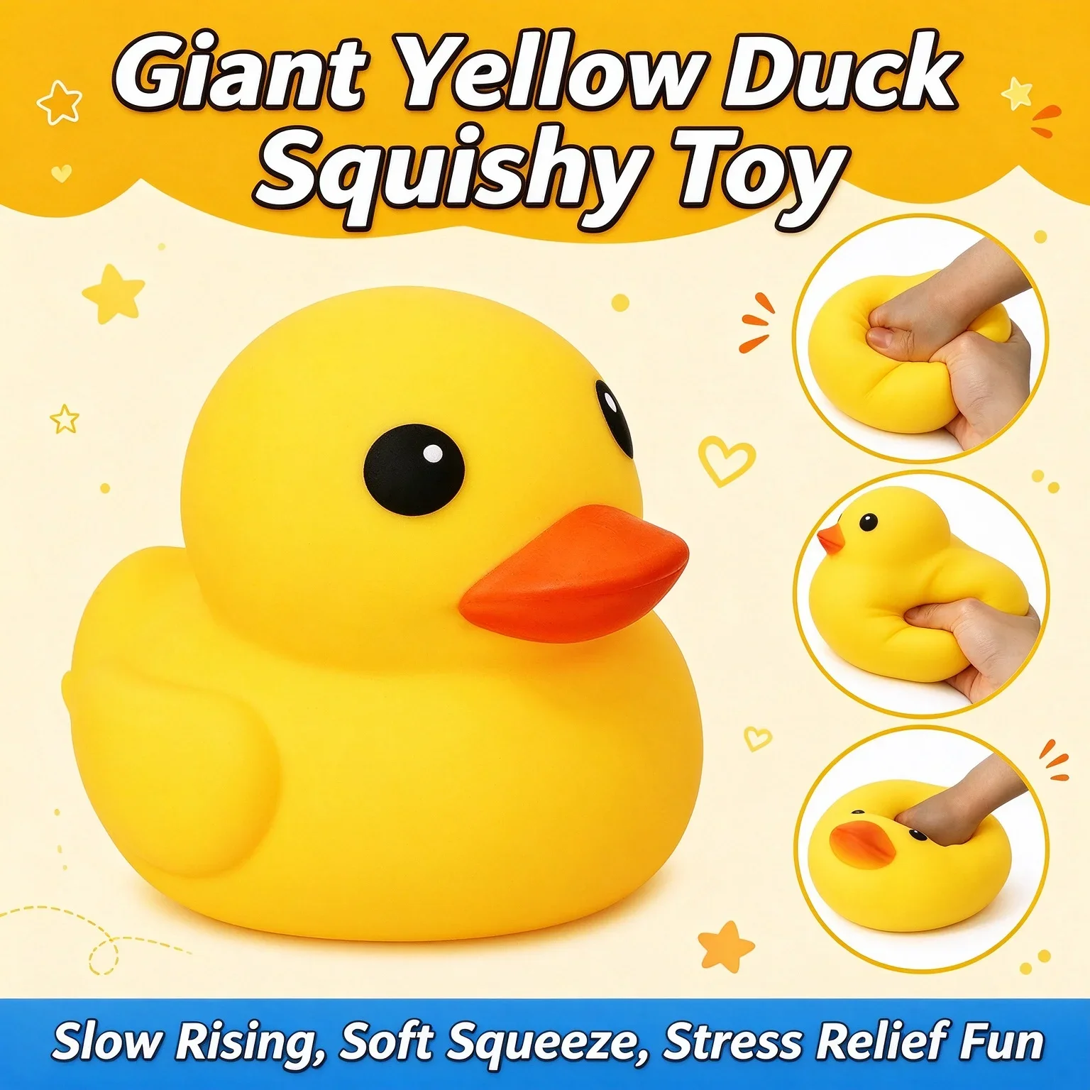 Jumbo Yellow Duck Squishy Slow Rising Soft Squeeze Fidget Stress Relief Kawaii Toy for Kids Adults Birthday Gift Party Favors