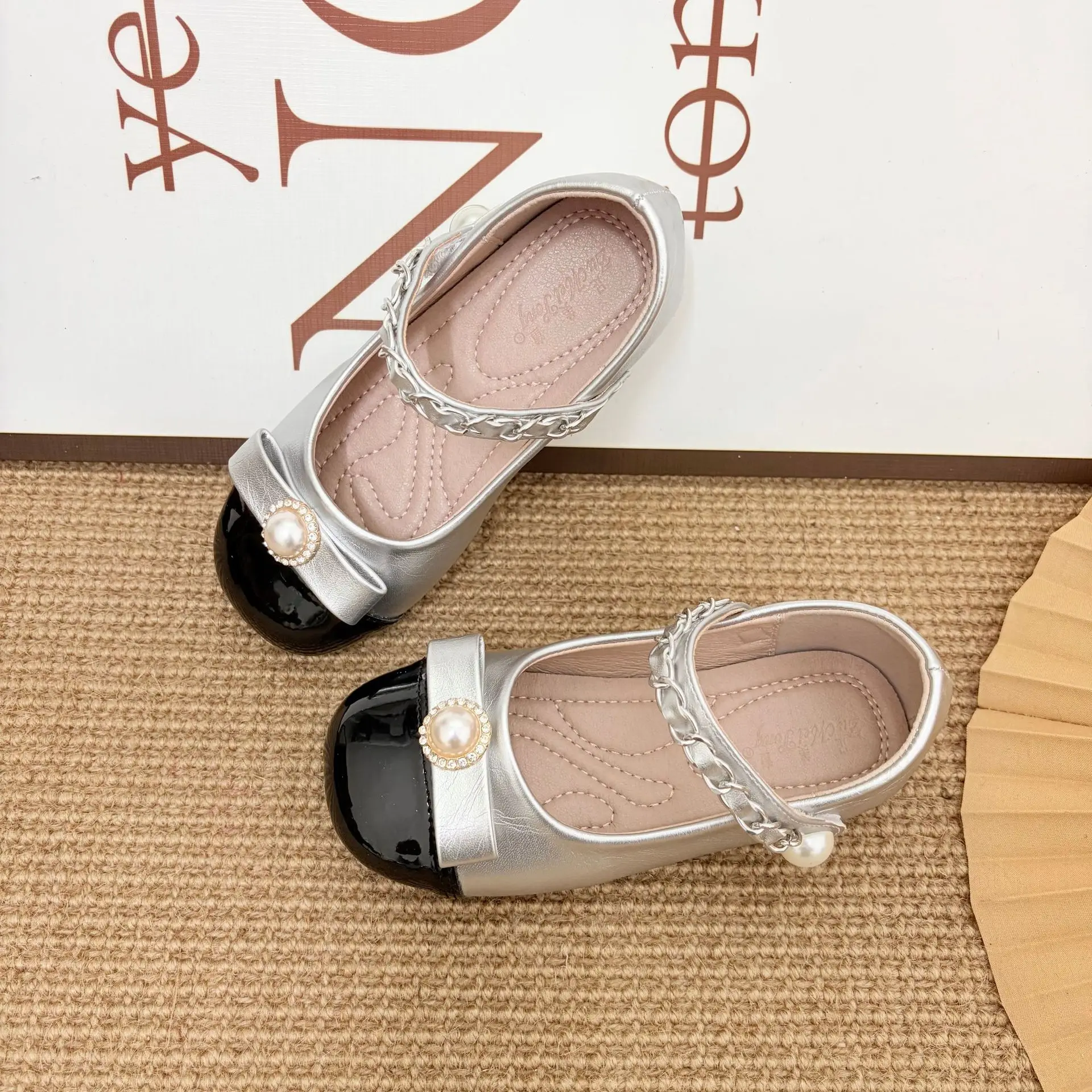 Kids'Casual Shoes PU Leather Spring Fashion Pearl Outdoor Flat Bottom For Girls Designer Anti-slip Silver Size 23-35