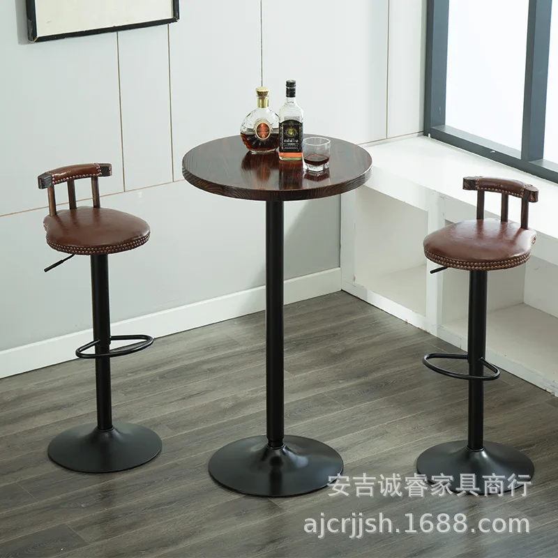 Simple small bar table household solid wood tall round table living room cafe Nordic wrought iron