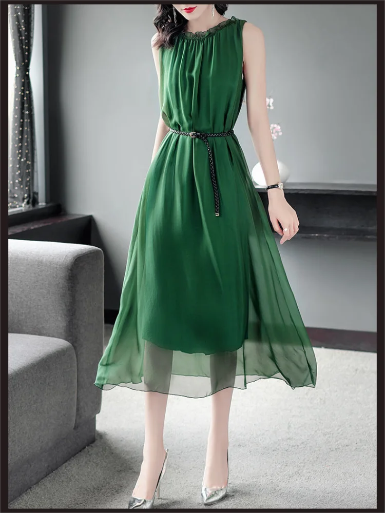 

Office Lady Solid Color Chiffon Sundress Fashion Shirring Elegant Ruffles Patchwork Summer Sleeveless Casual Sashes Midi Dress