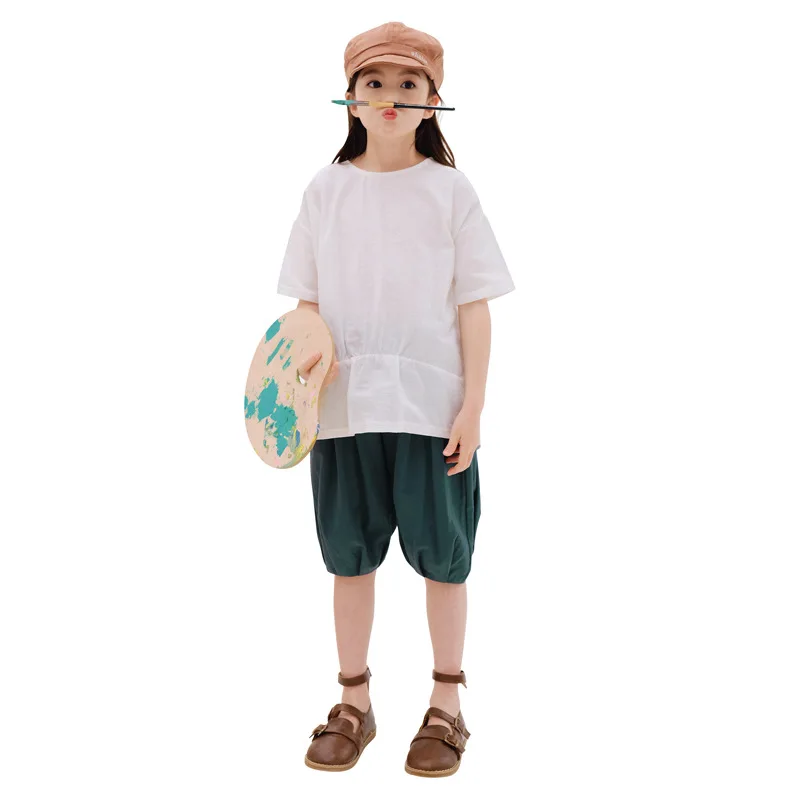 子供用のレトロなリネンとコットンのTシャツとショーツのセット,10代の女の子用の服,カジュアル,無地,4〜12歳,2ユニット