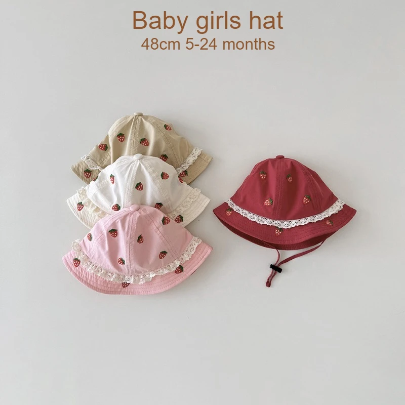 Baby-Fischerhut, 48 cm, 5–20 Monate, Frühling, Sommer, Kinderhüte, Baskenmütze, bestickte Erdbeer-Spitze, für Mädchen und Jungen, Sonnenkappen