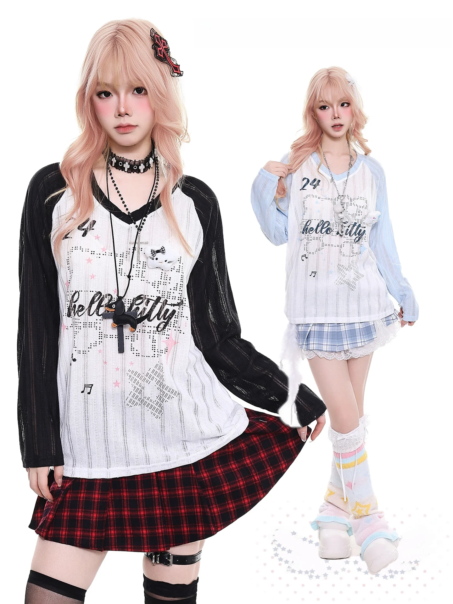 

Retro Splicing Color Blo Long Sve T-irt Women's Spring Casual Loose See tough Cover up Top Girl's Faion Breathable