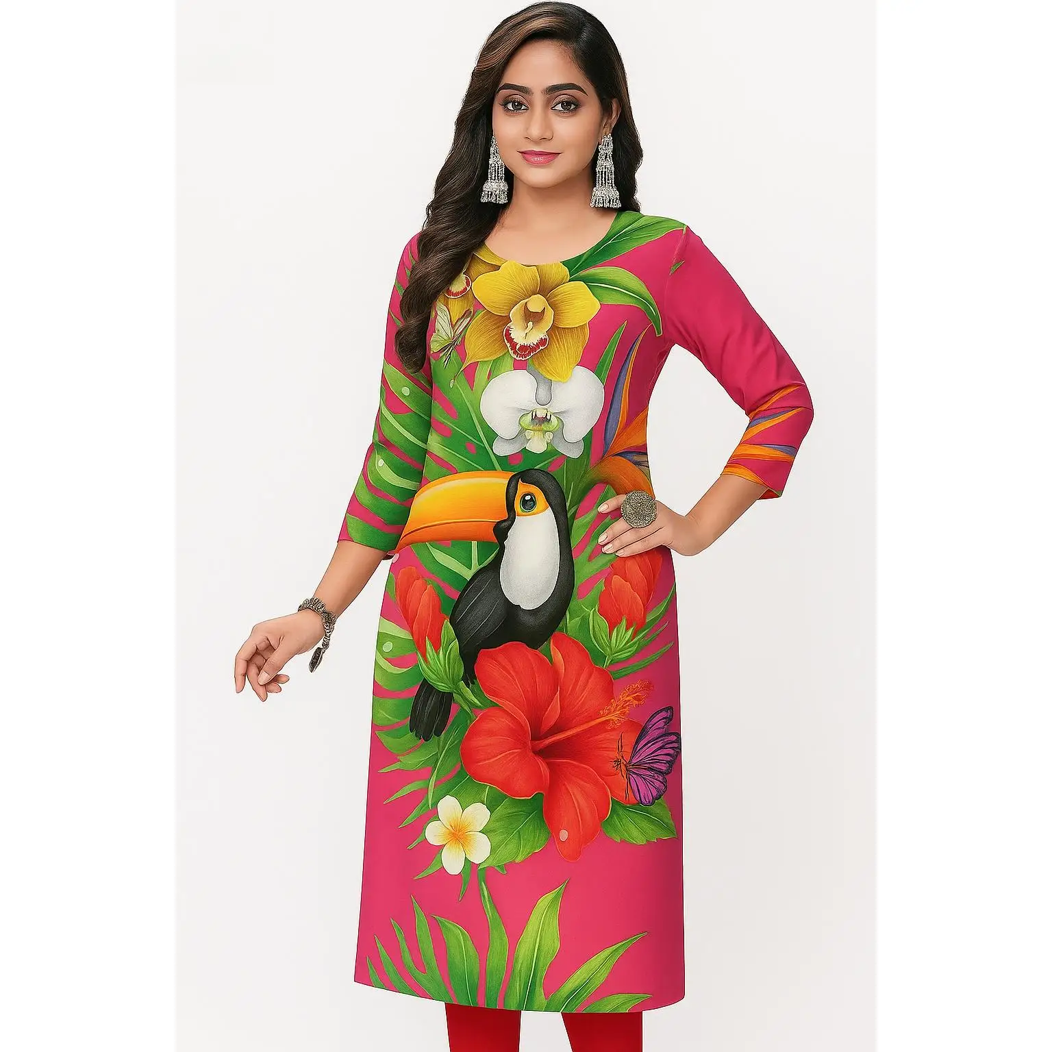 Kurt Women's Fashion Comfortable Long Sleeve Straight Casual Ethnic Round Neck Parrot Print New Dress