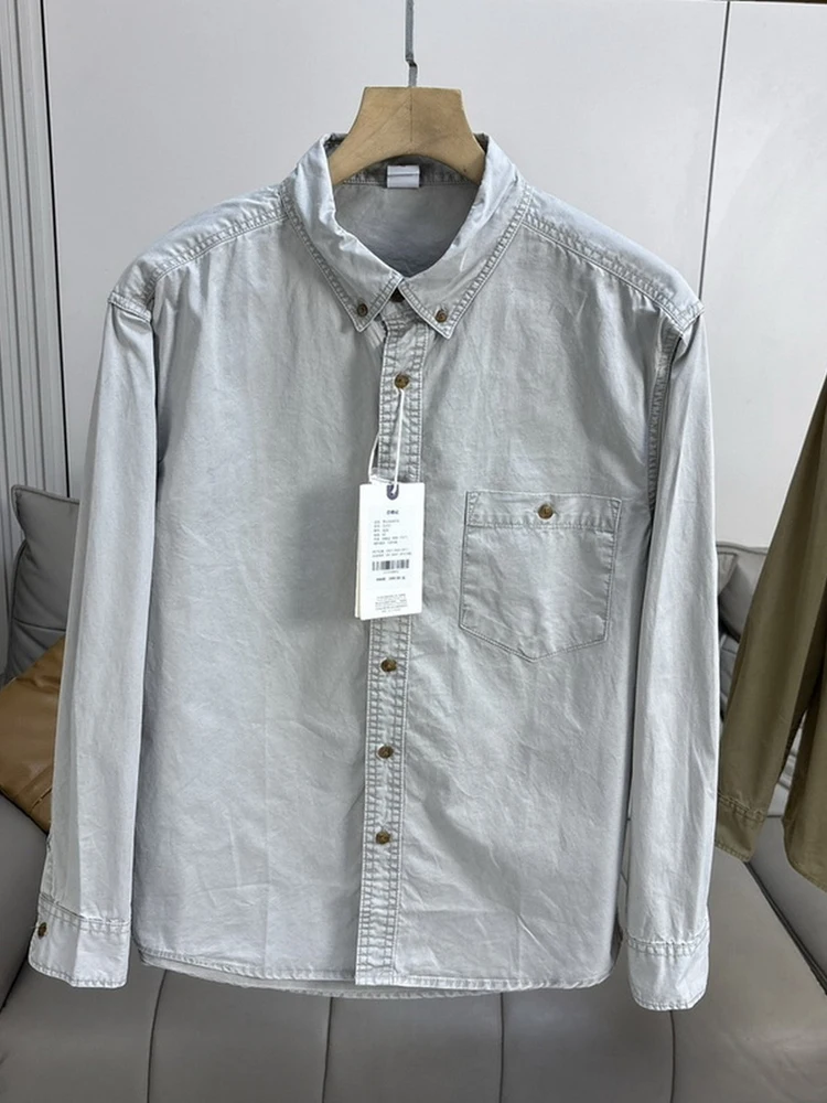 

Retro American Sle Men's Casual Cotton Work irt Coat Loose Long Sve Turn-down Collar ey Outerwear for Youth