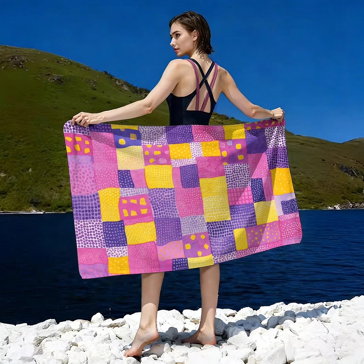 

Мягкое пляжное полотенце в стиле абстрактного искусства, разноцветный геометрический принт, банное полотенце из микрофибры, быстросохнущее, супервпитывающее.