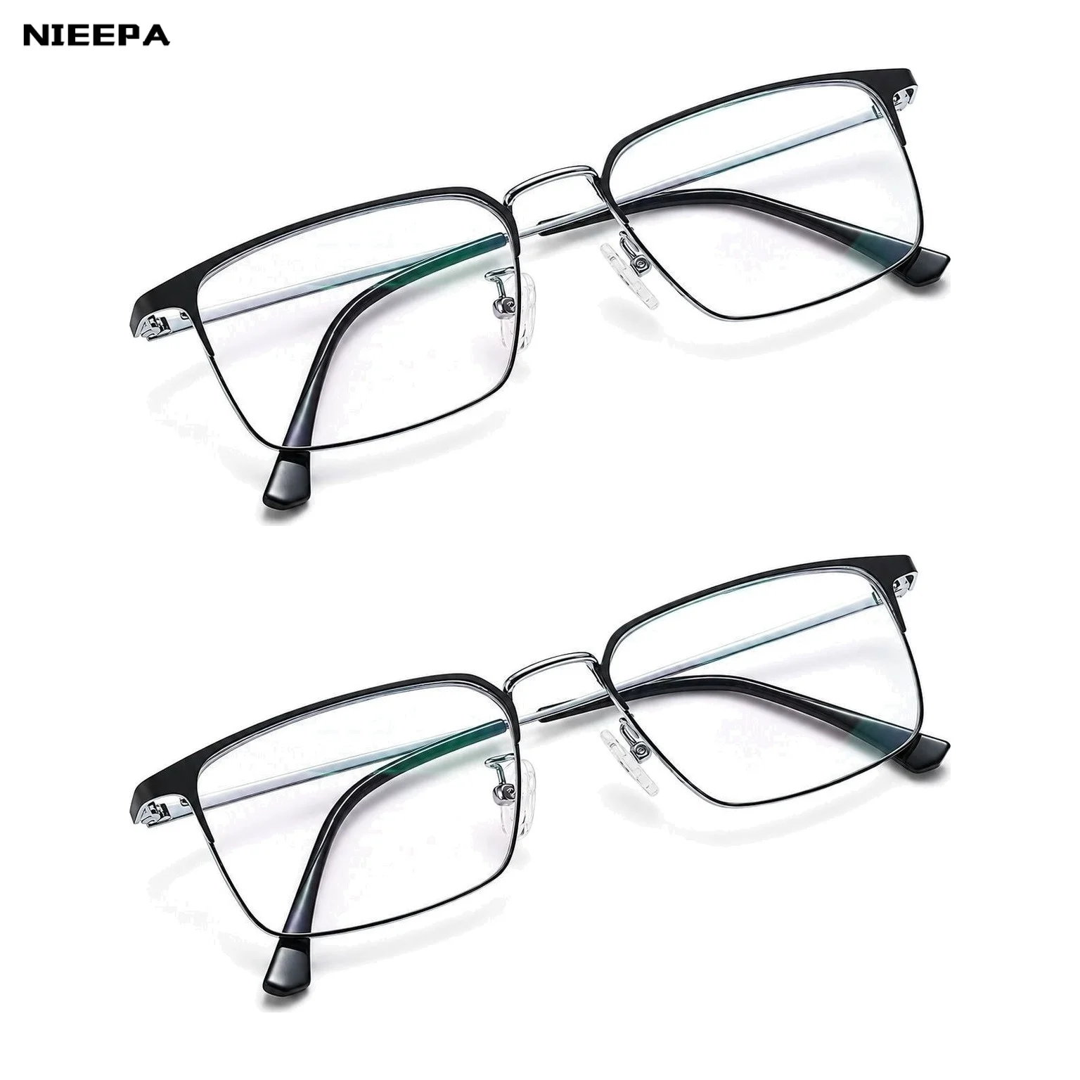 NIEEPA Unisex Square Full-Frame Reading Glasses 2 Pack for Seniors Black Silver Frame Clear Presbyopia Readers Assorted Powers
