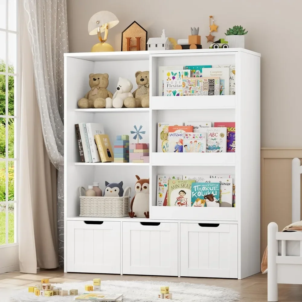 

Toy Storage Organizer with Sliding Book Shelf, Toy Organizers and Storages with 3 Movable Drawers and 6 Storage Cubbies,Playroom