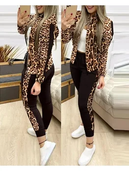 Trend Leopard 2-teiliges Set Damen Outfits Activewear Reißverschluss Top Leggings Damen Passendes Set Trainingsanzug Damen Outfits für Damen