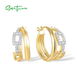 SANTUZZA Genuine 925 Sterling Silver Hoop Earrings For Women Sparkling White Cubic Zirconia Geometric Trendy Party Fine Jewelry