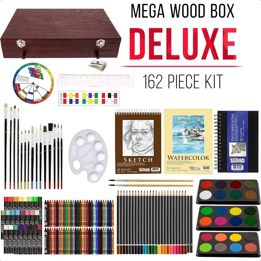 U.S. Art ply 162Piece Deluxe Mega Wood Box Art Painting and Drawing Set Artist Painting Pad 2 Sketch Pads 24 Watercolor Paint C
